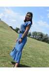 İndigo Mavi Hasır Kruvaze Yaka Kısa Kollu Etek Ucu Fırfırlı Uzun Elbise