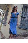 İndigo Mavi Hasır Kruvaze Yaka Kısa Kollu Etek Ucu Fırfırlı Uzun Elbise
