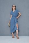 İndigo Uzun Salaş Kruvaze Yırtmaçlı Kuşaklı Müslin Elbise
