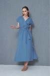 Long Loose Wrap Muslin Belted Slit Dress - Indigo