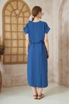 İndigo Yazlık Rahat Kesim Midi Kısa Kollu Kemerli Keten Yırtmaçlı Elbise