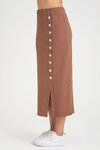 Kahve Uzun Beli Lastikli Likralı Kaşkorse Düğme Detaylı Yırtmaçlı Etek