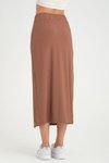 Kahve Uzun Beli Lastikli Likralı Kaşkorse Düğme Detaylı Yırtmaçlı Etek