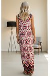 Kırmızı Etnik Desenli Uzun Salaş Bohem Kalın Askılı Elbise