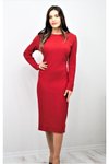 Kırmızı Likralı Vücuda Oturan Uzun Kollu Arkası Büzgü Detaylı Elbise