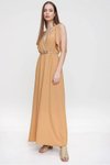 Koyu Bej Uzun Kruvaze Giy Çık Sırt Dekolteli Omzu Tokalı Göğüs Hasır Elbise