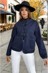 Lacivert Oversize Oval Kesim Denim Kot Bağlama Detaylı Ceket