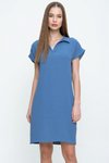 Mavi İndigo Bol Kesim Dizüstü Mini Kısa Kollu Polo Yaka Elbise
