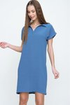 Mavi İndigo Bol Kesim Dizüstü Mini Kısa Kollu Polo Yaka Elbise