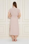 Pudra Yazlık Midi Aerobin Kruvaze Yaka Derin Yırtmaçlı Elbise