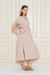 Pudra Yazlık Midi Aerobin Kruvaze Yaka Derin Yırtmaçlı Elbise