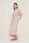 Pudra Yazlık Midi Aerobin Kruvaze Yaka Derin Yırtmaçlı Elbise