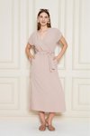 Pudra Yazlık Midi Aerobin Kruvaze Yaka Derin Yırtmaçlı Elbise