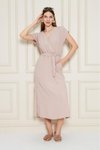 Pudra Yazlık Midi Aerobin Kruvaze Yaka Derin Yırtmaçlı Elbise