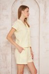Sarı Beyaz Kısa Kol Ceket Yaka Beli Lastikli Şort İkili Takım