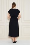 Siyah Midi Yazlık Aerobin Kruvaze Yaka Cepli Elbise