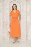 Turuncu Salaş Uzun Kruvaze Yırtmaçlı Kuşaklı Pamuk Müslin Elbise