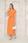 Turuncu Salaş Uzun Kruvaze Yırtmaçlı Kuşaklı Pamuk Müslin Elbise