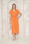 Turuncu Salaş Uzun Kruvaze Yırtmaçlı Kuşaklı Pamuk Müslin Elbise