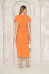 Turuncu Salaş Uzun Kruvaze Yırtmaçlı Kuşaklı Pamuk Müslin Elbise