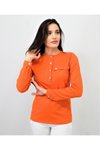 Turuncu Uzun Kollu Kaşkorse Apoletli Düğmeli Yarım Patlı Cep Detaylı Bluz