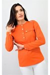 Turuncu Uzun Kollu Kaşkorse Apoletli Düğmeli Yarım Patlı Cep Detaylı Bluz