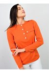 Turuncu Uzun Kollu Kaşkorse Apoletli Düğmeli Yarım Patlı Cep Detaylı Bluz