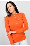 Turuncu Uzun Kollu Kaşkorse Apoletli Düğmeli Yarım Patlı Cep Detaylı Bluz