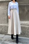 Long High-Waist Flared Flecked Melton Pocketed Skirt - Mink