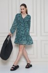 Yeşil Astarlı Şifon Mini Kloş Uzun Kol Elbise