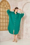 Yeşil Zümrüt Müslin Oversize Yarasa Kol Uzun Kollu Midi Gömlek Elbise
