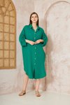 Yeşil Zümrüt Müslin Oversize Yarasa Kol Uzun Kollu Midi Gömlek Elbise