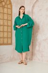 Yeşil Zümrüt Müslin Oversize Yarasa Kol Uzun Kollu Midi Gömlek Elbise