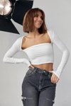 Long Sleeve Black Collar Crop Top - White