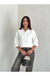 Beyaz Z Krep Crop Kısa Kol Yakalı İlik Düğmeli Gömlek