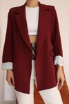 Bordo Çizgili Oversize Astar Detaylı Blazer Ceket
