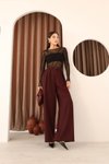 Bordo Pileli Palazzo Yüksek Bel Bol Paça Pantolon