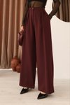 Bordo Pileli Palazzo Yüksek Bel Bol Paça Pantolon