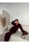Bordo Triko İkili V Yaka Düğmeli Hırka Etekli Takım