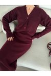 Bordo Triko İkili V Yaka Düğmeli Hırka Etekli Takım
