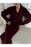 Bordo Triko İkili V Yaka Düğmeli Hırka Etekli Takım