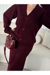 Bordo Triko İkili V Yaka Düğmeli Hırka Etekli Takım