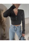 Füme Yıkamalı Düğme Detaylı Crop Top