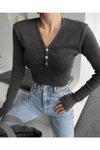 Füme Yıkamalı Düğme Detaylı Crop Top
