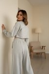 Gri Uzun Kollu Crop Önü İp Büzgülü Pantolonlu İkili Takım