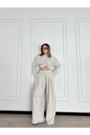 Gri Uzun Kollu Crop Önü İp Büzgülü Pantolonlu İkili Takım