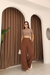 Kahverengi Yüksek Bel Palazzo Pilili Pantolon