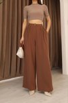Kahverengi Yüksek Bel Palazzo Pilili Pantolon