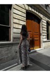 Leopar Desenli Uzun Pileli Fermuarlı Cepli Elbise