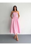 Pembe Pileli Straplez Midi Elbise